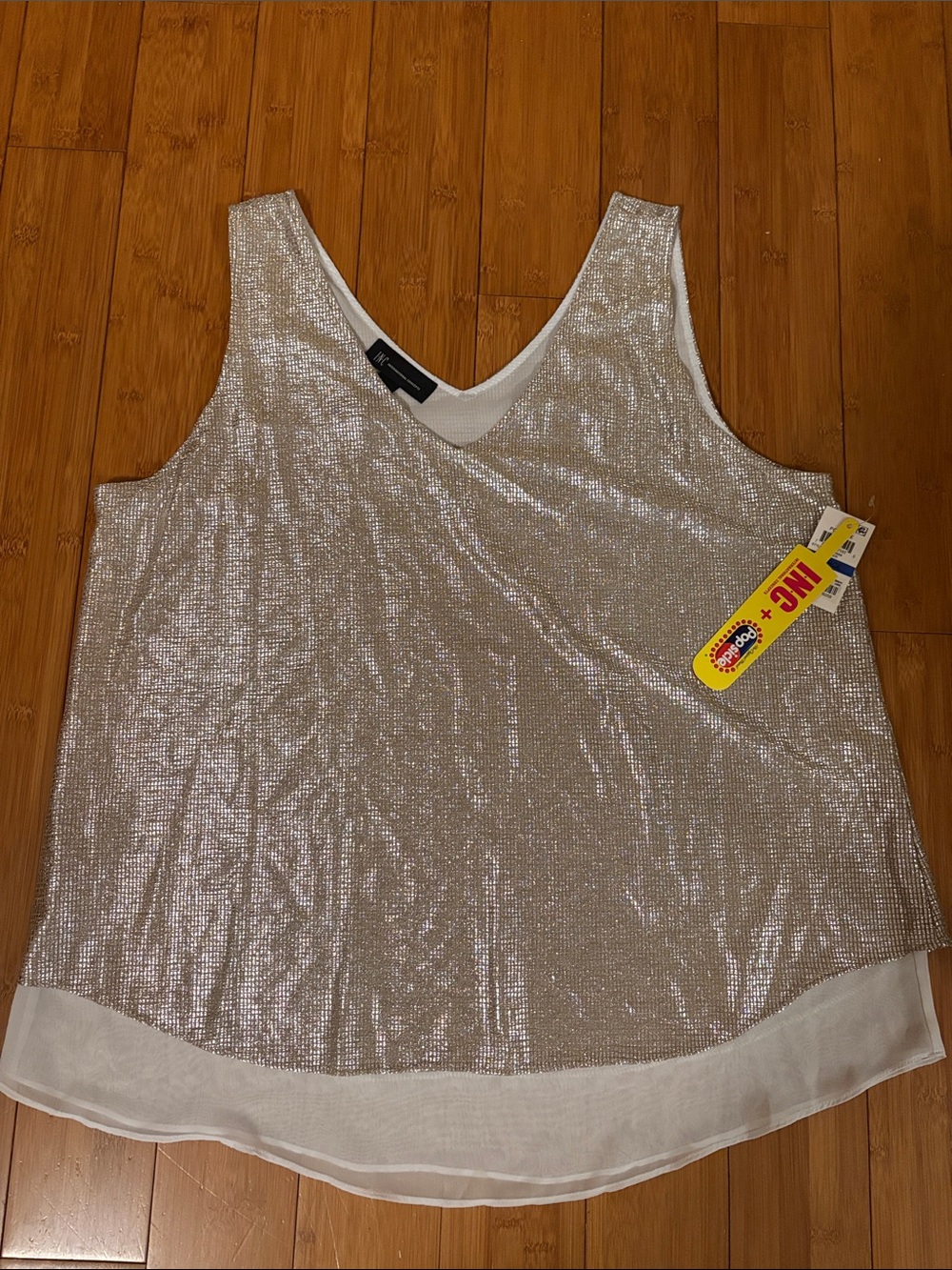 I.N.C Sparkle Metallic Silver V-Neck Tank Top XL ~ New